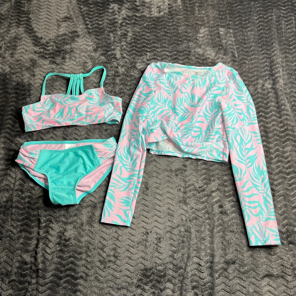 Art Class Girls 3 Piece Swimsuit Color Pink and Teal Size M 7-8